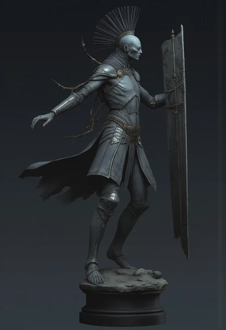 Standring in a hyper extended action pose
A feathered knight with a cape, holding a templar shield, and a gladiator sword
Set against a solid dark color background to emphasize its unsettling unnatural form that emphasizes its silhouette. The medium is not a traditional painting or illustrative medium like watercolor or ink but rather a digital 3D rendering.
MikeFranchinastyle, d4artstyle, d4concept, , bbstyle,, horror theme,, zbrush, ZBClay model of a gray sculpture, 1990's, 1990's style