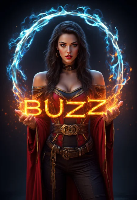 A stunning slim Elizabeth 2.0 with black long hair a wizard stands poised in a magical dark fantasy realm, casting a mesmerizing spell with elemental energies swirling around her. She wears an alluring off-shoulder red and black costume adorned with elaborate rings, showcasing intricate details and textures. The word “Buzz Is What Makes Magic” made of roaring flames, with sparks flying and embers glowing, text focus. Her beautiful, fair skin glows under soft, ethereal lighting, emphasizing her enchanting blue eyes and captivating smile. Elements of fire, water, wind, and ice dance in a perfect dynamic composition, creating a breathtaking, ultra high-resolution masterpiece.