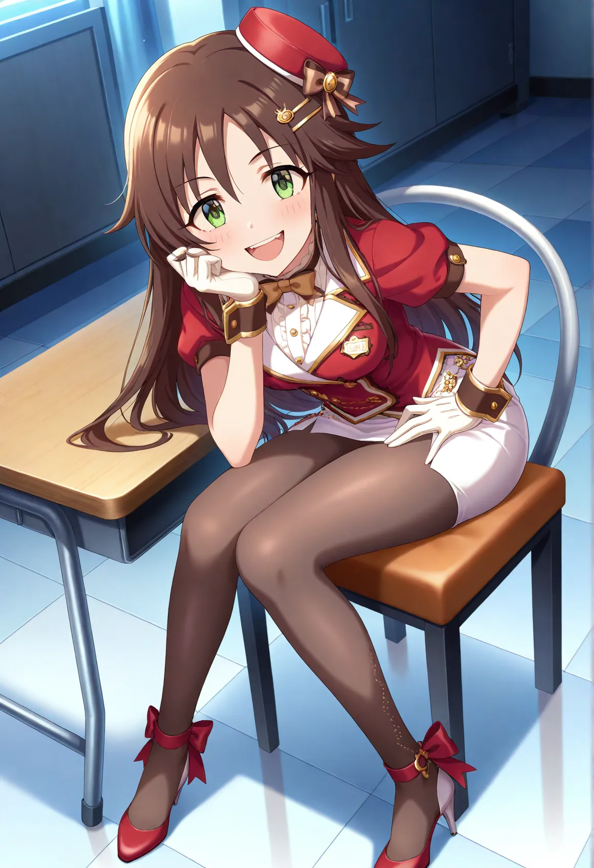 masterpiece, best quality, absurdres, highres, explicit, Newest, anime coloring,anime_screencap,from above,looking at viewer, upper teeth, head rest,
himekawaidol, long hair,brown hair,green eyes, hairclip, hair ornament, pantyhose, skirt,white gloves, white skirt, pencil skirt, short sleeves, mini hat, red headwear, black pantyhose, bow,buttons, badge, shirt, wrist cuffs, side slit,red footwear, high heels, ankle ribbon,sitting,seductive smile, (masterpiece:1.1), (best quality:1.1), (newest:1.1), official art, anime screenshot, (absurdres:1.1), (highres:1.1) <lora:himekawa_il:1>