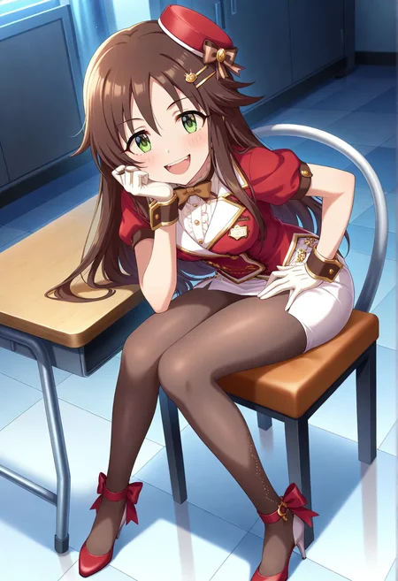 masterpiece, best quality, absurdres, highres, explicit, Newest, anime coloring,anime_screencap,from above,looking at viewer, upper teeth, head rest,
himekawaidol, long hair,brown hair,green eyes, hairclip, hair ornament, pantyhose, skirt,white gloves, white skirt, pencil skirt, short sleeves, mini hat, red headwear, black pantyhose, bow,buttons, badge, shirt, wrist cuffs, side slit,red footwear, high heels, ankle ribbon,sitting,seductive smile, (masterpiece:1.1), (best quality:1.1), (newest:1.1), official art, anime screenshot, (absurdres:1.1), (highres:1.1) <lora:himekawa_il:1>