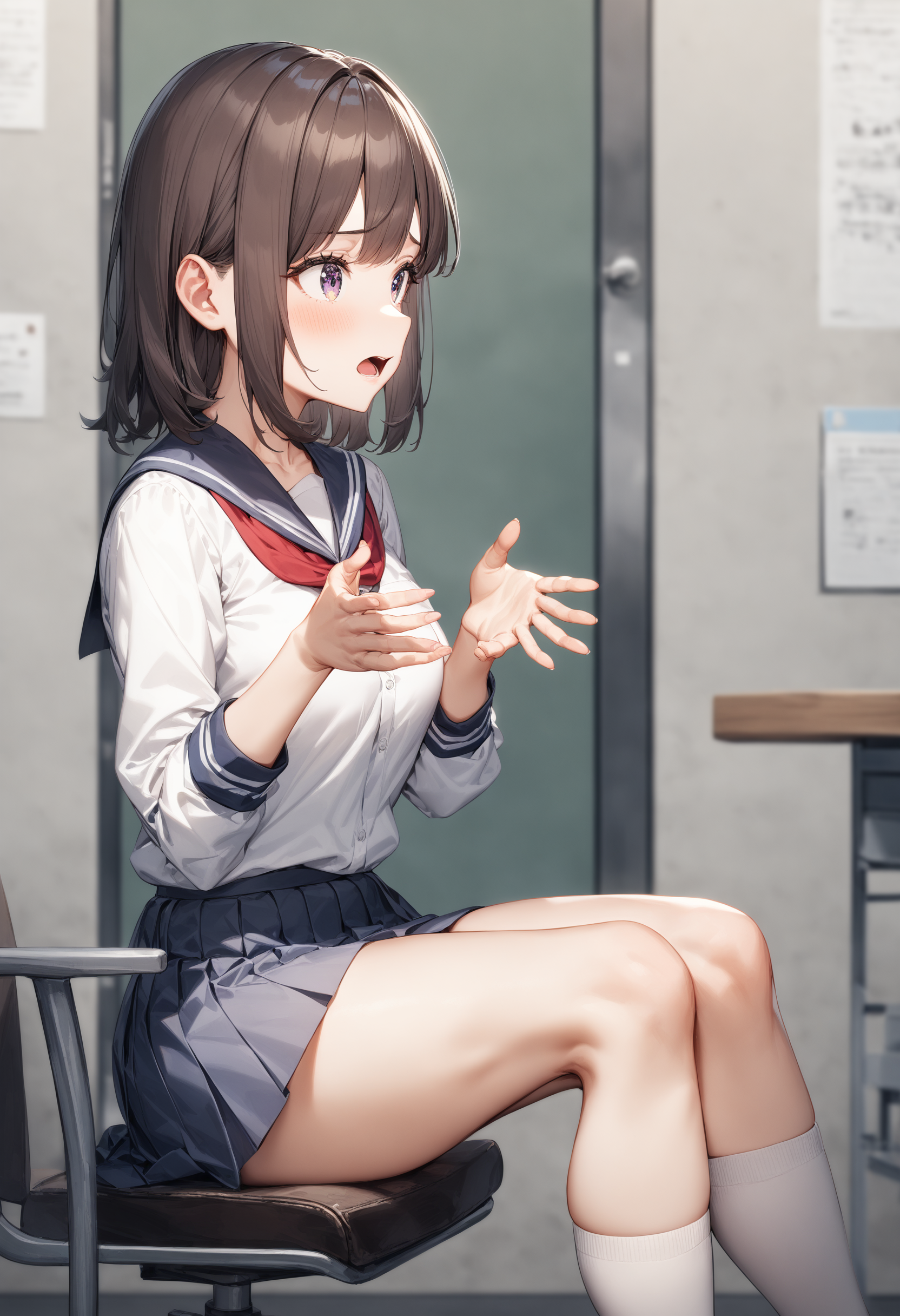 1girl, <lora:sdxl2-flat2-512b:-1>,medium breasts,school uniform,
potters wheel pose,<lora:potterswheelpose_XL_v1:0.7>open mouth, hands up, outstretched hand, sitting, looking away,
from side, wide shot,  scared, workplace,
masterpiece, best quality, very aesthetic, absurdres