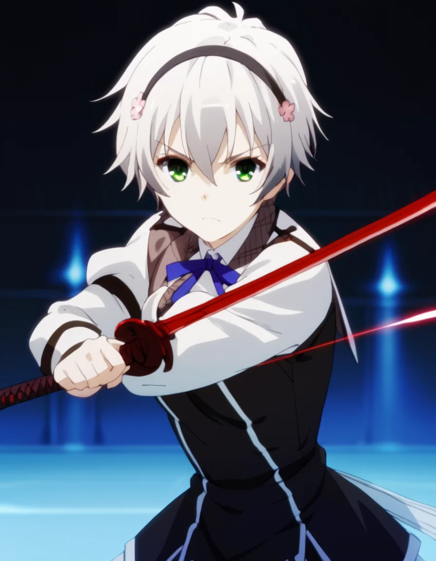 score_9, score_8_up, score_7_up, score_6_up, score_5_up, score_4_up, source_anime, Shizuku, short hair, green eyes, grey hair, hairband, , action pose, sword, uniform