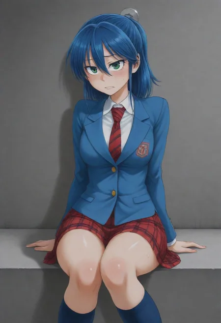 masterpiece, best quality, amazing quality,,, shiny skin,,,,,, n4giz4, blue hair, medium hair, hair ornament, screw hair ornament, green eyes, school uniform, blue blazer, necktie, red skirt, pleated skirt, plaid skirt, blue kneehighs,