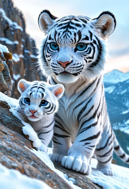 upscale, a white and black tiger cub, baby tiger, majestic, cute, adorable, playing by himself, looking at the viewer,  hyperrealistic, fantasy, angry, in a snowy mountain, standing on a cliff, highly detailed body, super realistic, hi_res, absurd detailed, very detailed face,