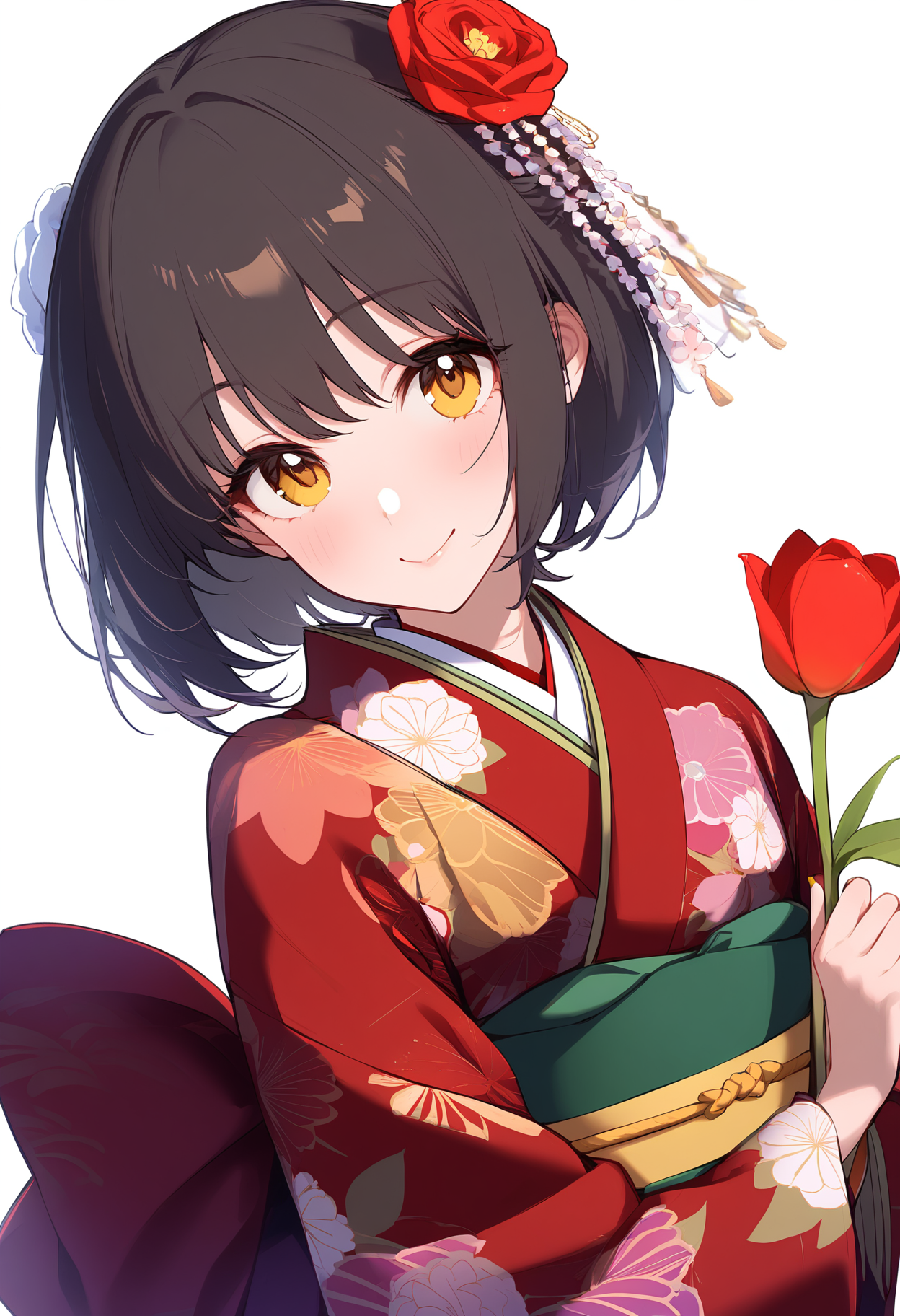 1girl,
takafuji kako,


looking at viewer, flower, floral print, holding, smile, holding flower, sash, red sash, print kimono, black hair, bob cut, turtleneck, yellow eyes, red kimono, short hair, japanese clothes, rose, tulip, yellow nails, upper body, blush, kimono, nail polish, closed mouth, red rose, white background, floral print kimono, hair flower, obi, hair ornament, red flower, solo, long sleeves, simple background,

sfw
<lora:a31_char_new_takafuji_kako:1> <lora:a31_style_koni-000010:0.8>