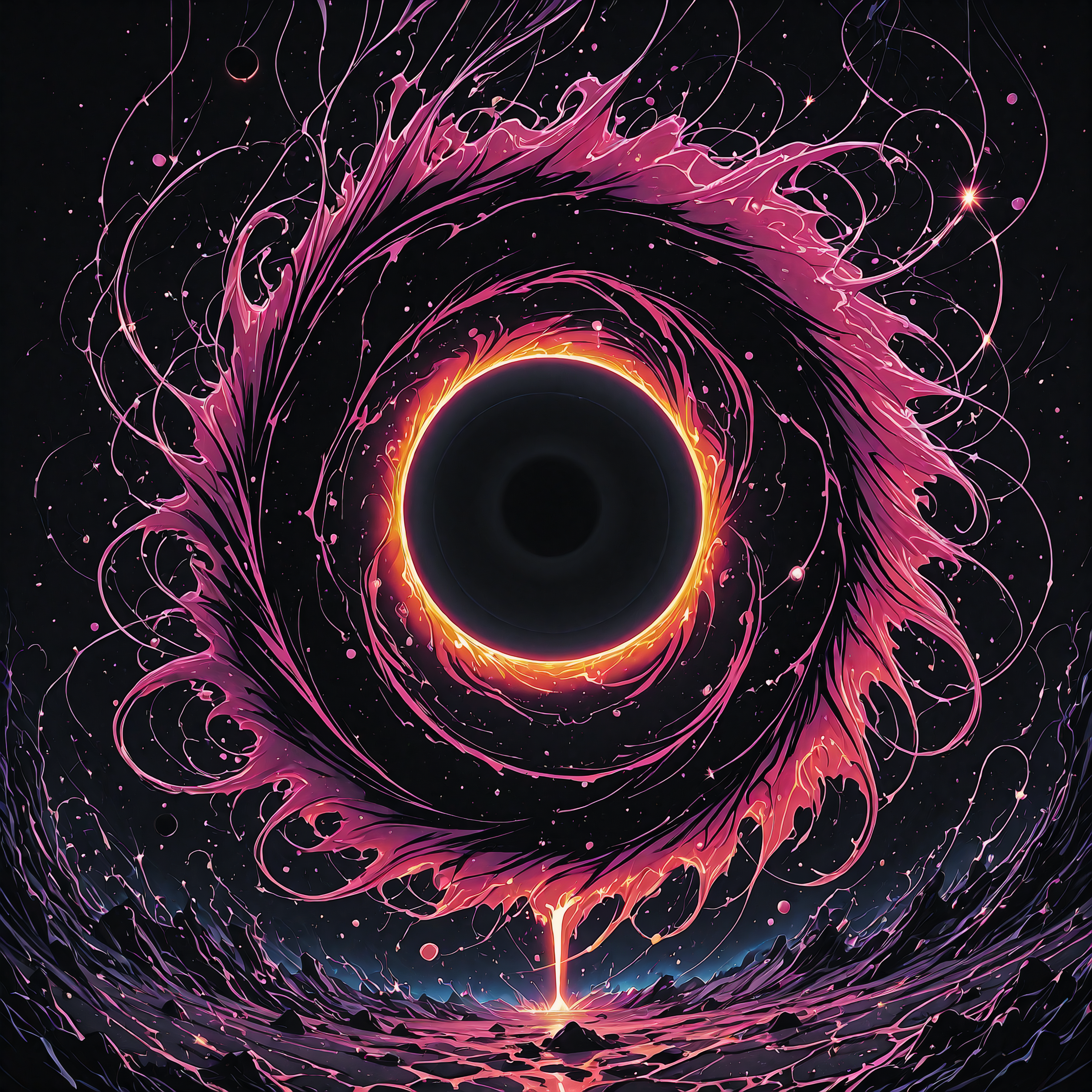 no humans, realistic, immense black hole, dynamic angle, from behind, 