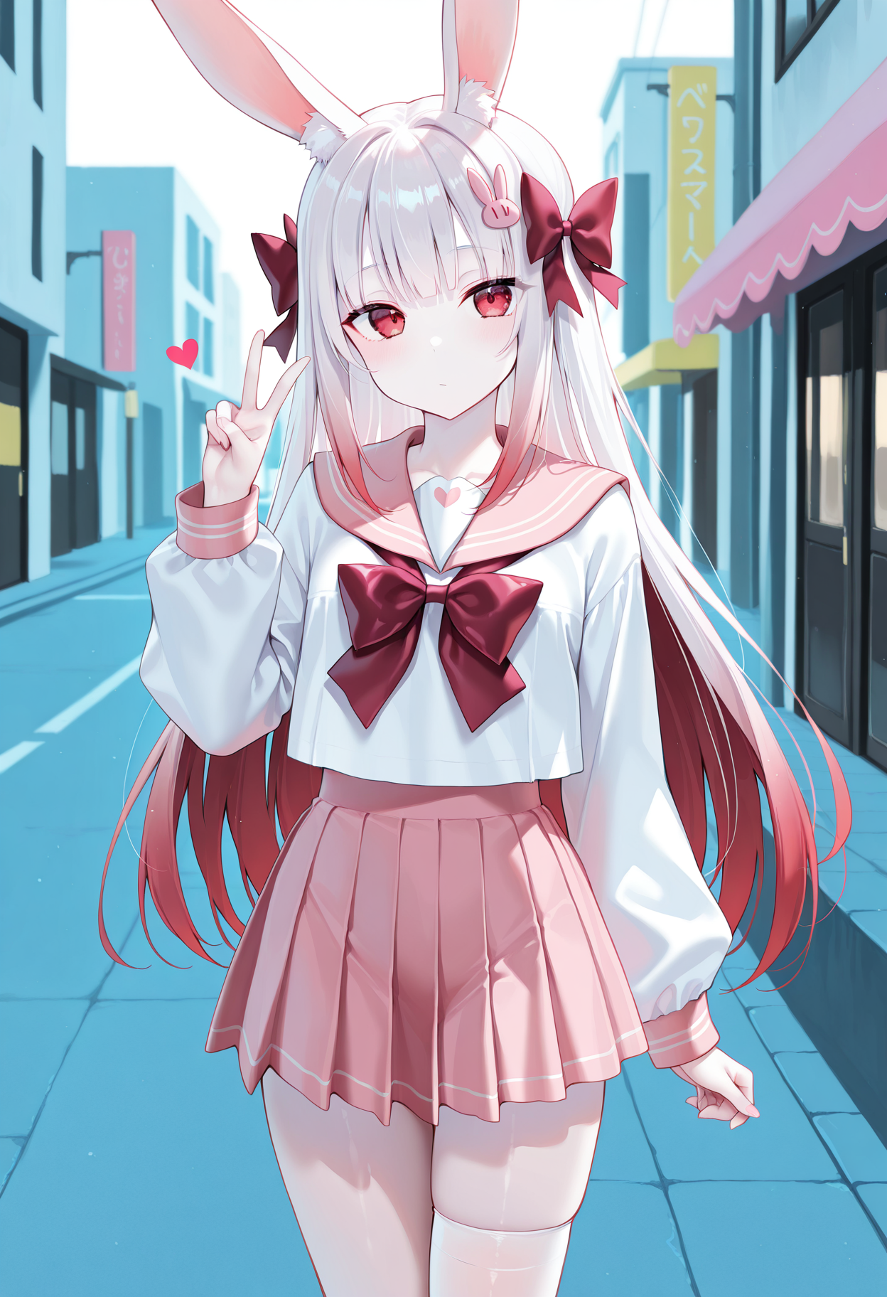 1girl, rabbit ears, ((white hair), red hair, gradient hair), long hair, blunt bangs, red eyes, detailed eyes, (pale skin),
solo, frills, bow, single thighhigh, white shirt, heart, v, long sleeves, sailor collar, hair bow, pink skirt, rabbit hair ornament, pleated skirt,
street,
masterpiece,best quality,amazing quality,
<lora:kitajima_yuukiIL-_style:1>, pastel colors,