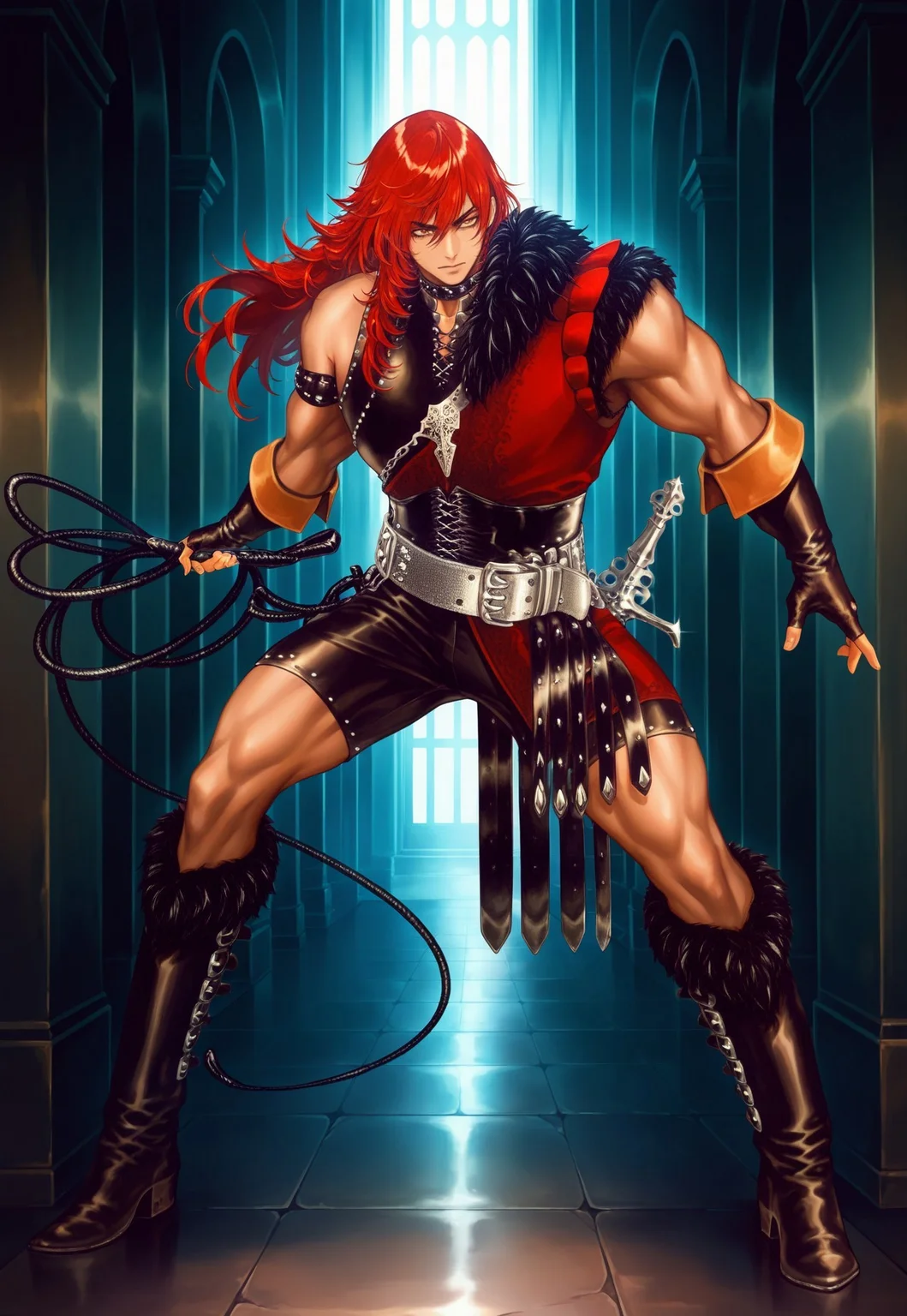 safe_pos, masterpiece, best quality, amazing quality, very aesthetic, absurdres, newest, chronsimonilxl, 1boy, male focus, muscular, long hair, red hair, single armband, fur lined shoulder armor, studded leather armor, black leather shorts, silver belt, straps, belt straps, sheathed sword, fingerless gloves, choker, fur lined boots, full body, ((action pose)), ((dynamic pose)), dark hallway background, dark hallway, whip, holding whip,