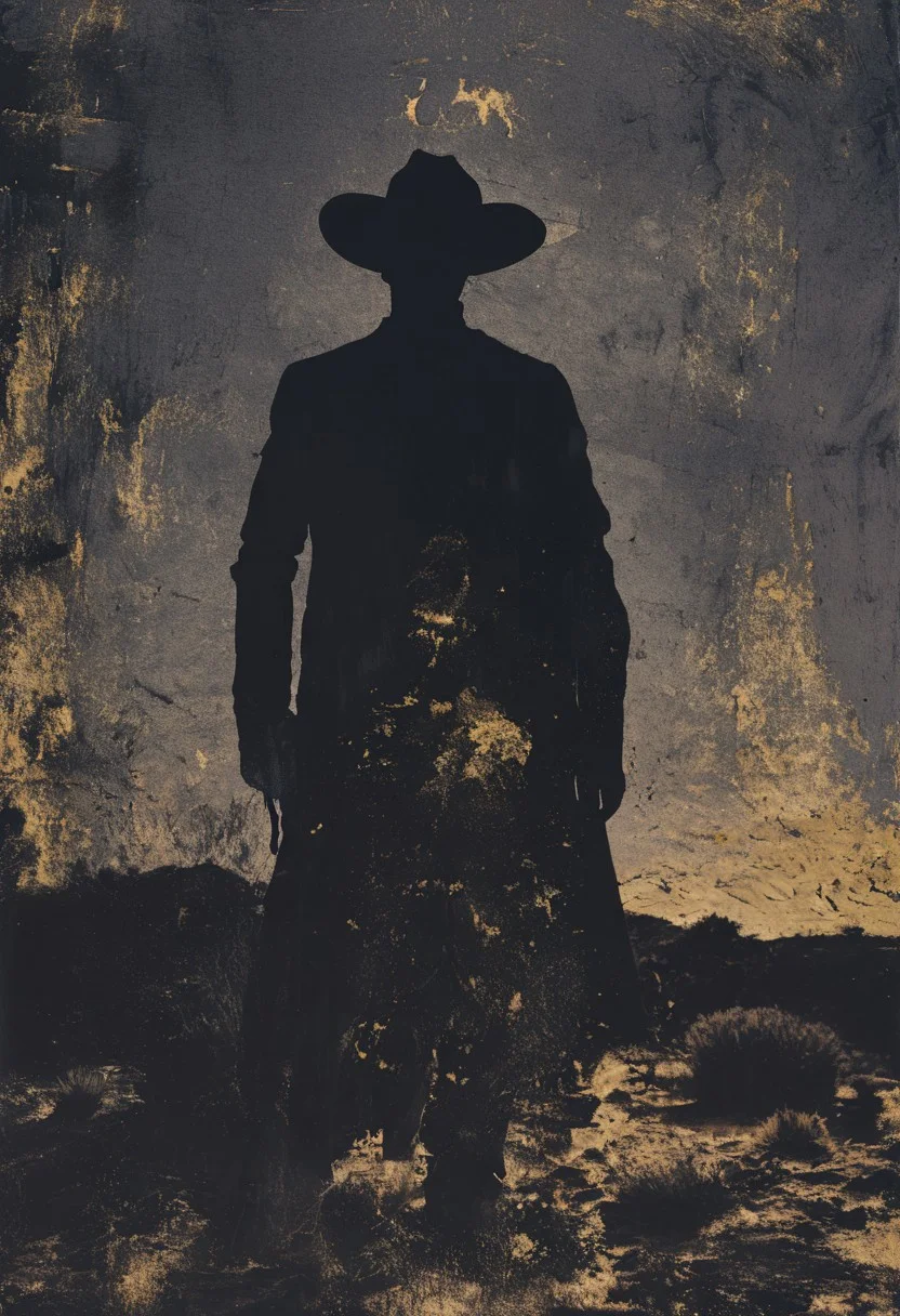 novuschroma27 style, gold foil,
an old cowboy in a duster standing alone in the desert