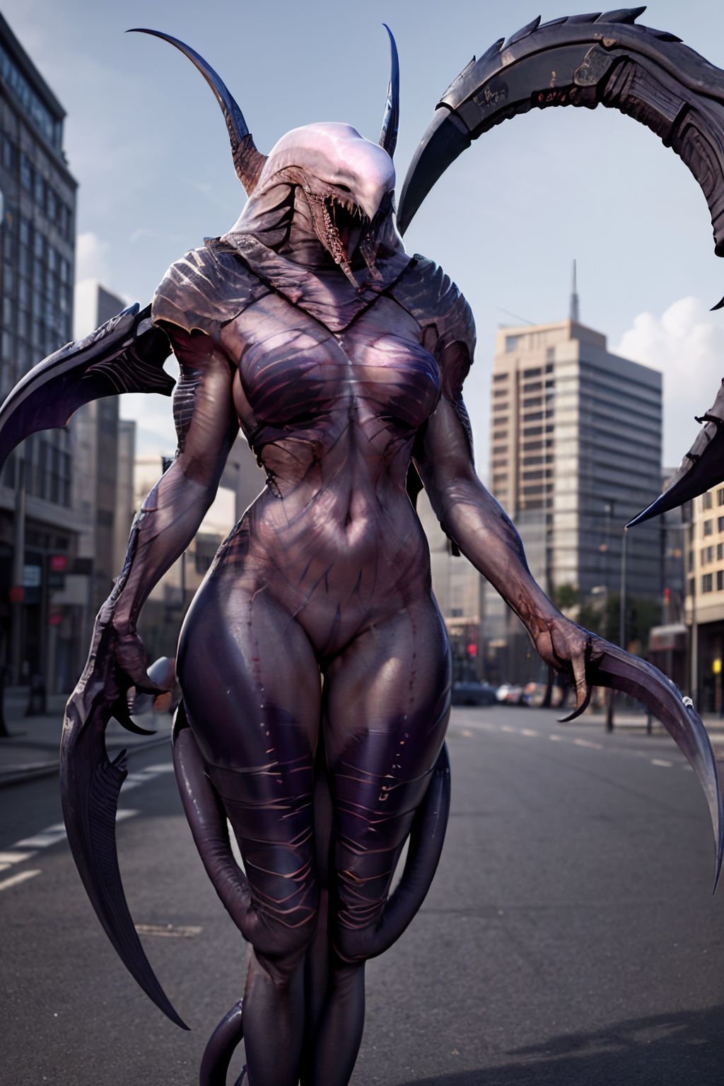 EdobWraithMonsterEvolve, sharp teeth, claws, tentacles, monster, scythe, alien, demon, horror (theme), blade, gigantic breasts, city street background (realistic:1.5), <lora:EdobWraithMonsterEvolve_v1.0:0.8>