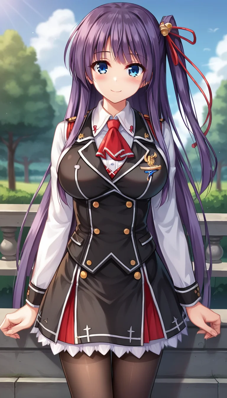 score_9,score_8_up,masterpiece,best quality,correct anatomy,anime_source,1girl,solo,perfect eyes,perfect arms,perfect legs,perfect face,outdoors,upper body,(portrait:1.5),looking at viewer,facing viewer,smile,blush,Toujou Amane,very long hair,purple hair,hair ornament,hair ribbon,red ribbon,one side up,sidelocks,bangs,blue eyes,uniform,red ascot,black vest,white shirt,collared shirt,long sleeves shirt,large breasts,black thighhighs,miniskirt,black skirt,frilled skirt,pleated skirt,black pantyhose,loafers,black footwear,<lora:Toujou Amane(uq)-Pony:1.2>,
