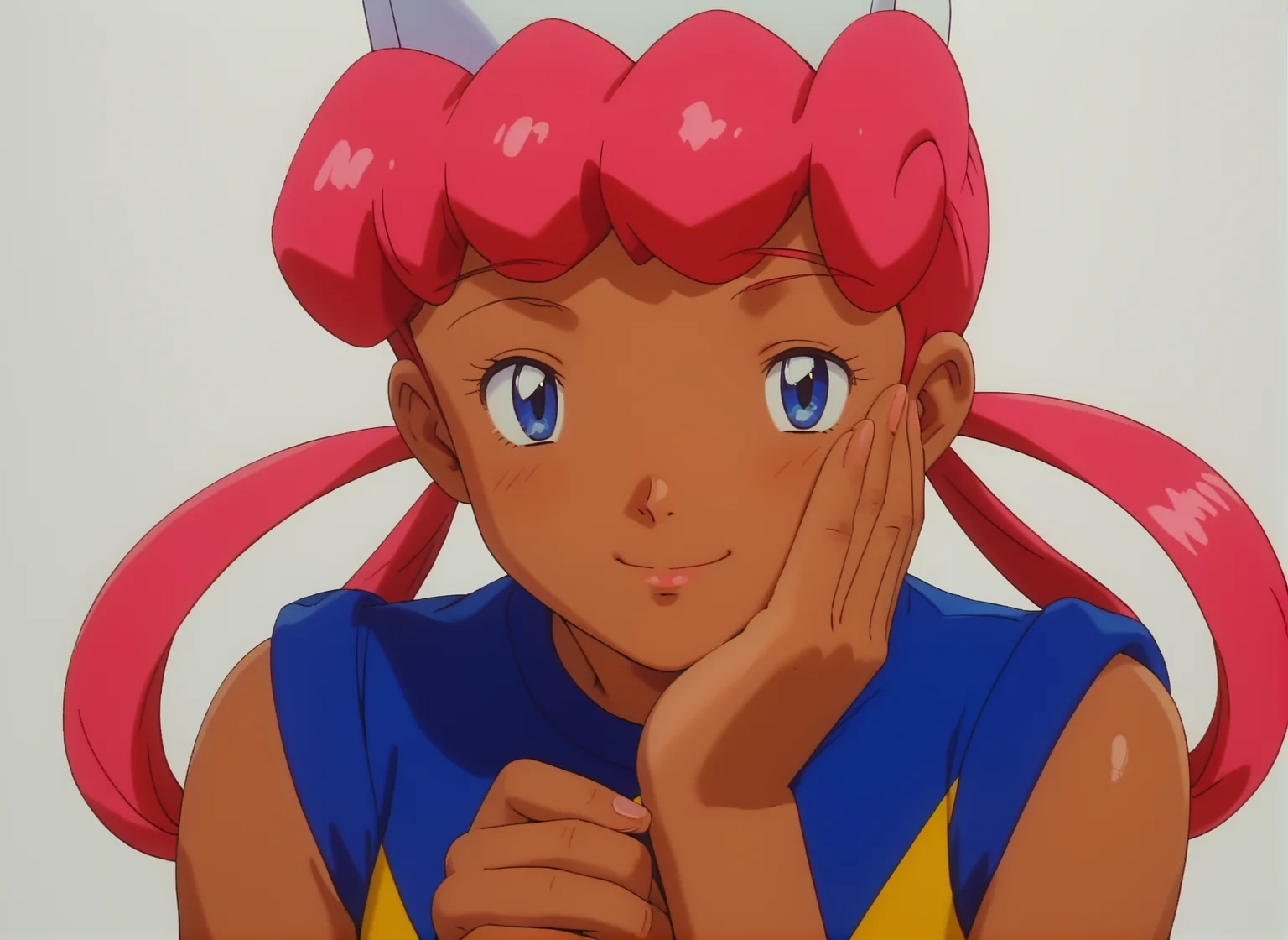 score_9, score_8_up, score_7_up, 1girl, solo, source_anime, pkmnjoy, hair rings, dark skinned female, wetsuit, sleeveless, nurse cap, blue eyes, pink hair, dark-skinned female, <lora:Nurse_Joy_-_Pokemon_anime_Orange_islands:1>  simple background, white background, face focus, close up, holding face in one hand, smiling with half closed eyes, looking at viewer,