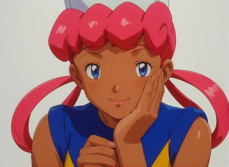 score_9, score_8_up, score_7_up, 1girl, solo, source_anime, pkmnjoy, hair rings, dark skinned female, wetsuit, sleeveless, nurse cap, blue eyes, pink hair, dark-skinned female, <lora:Nurse_Joy_-_Pokemon_anime_Orange_islands:1>  simple background, white background, face focus, close up, holding face in one hand, smiling with half closed eyes, looking at viewer,