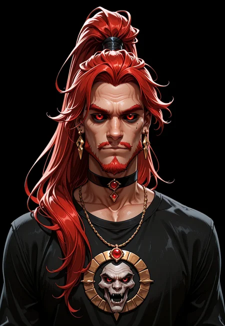 masterpiece, best quality, very aesthetic, absurdres, VD1F4NT4, 1boy, male focus jewelry, red eyes, solo, red hair, necklace, choker, shirt, facial hair, long hair, ponytail, colored sclera, black background, black sclera, earrings, black shirt, upper body, looking at viewer, bishounen,