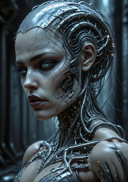 muscle_bimbo, score_9, score_8, score_7, Close up face, (hybrid ethereal host - cybernetic woman). Eerie, moody atmosphere, (biomechanical details), intricate metal textures, surreal and haunting vibes, illuminated by soft, otherworldly light, shadowy background with faint glimmers, hyperdetailed design, enigmatic presence, striking contrast between light and darkness, visually compelling composition, (4K), ultra-detailed artistry. hkmagic, cyberpunk, style of H. R. Giger<lora:lora\Fant5yP0ny.safetensors:0.8:0.8><lora:lora\Muscle_Bimbo_SDXL.safetensors:1.0:1.0><lora:lora\Derelict_Faces_e31.safetensors:0.8:0.8>