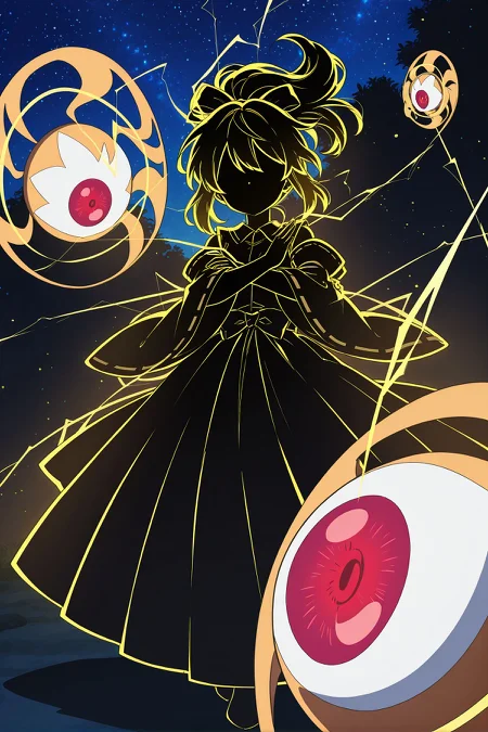 absurdres, highres, masterpiece, best quality, amazing quality, official anime artwork, screencap, anime screencap, dynamic pose, night, starry sky, 
 <lora:YuugenMagan_Illustrious:1> yuugenmagan, 1girl, outline, electricity, shadow, detached sleeves,