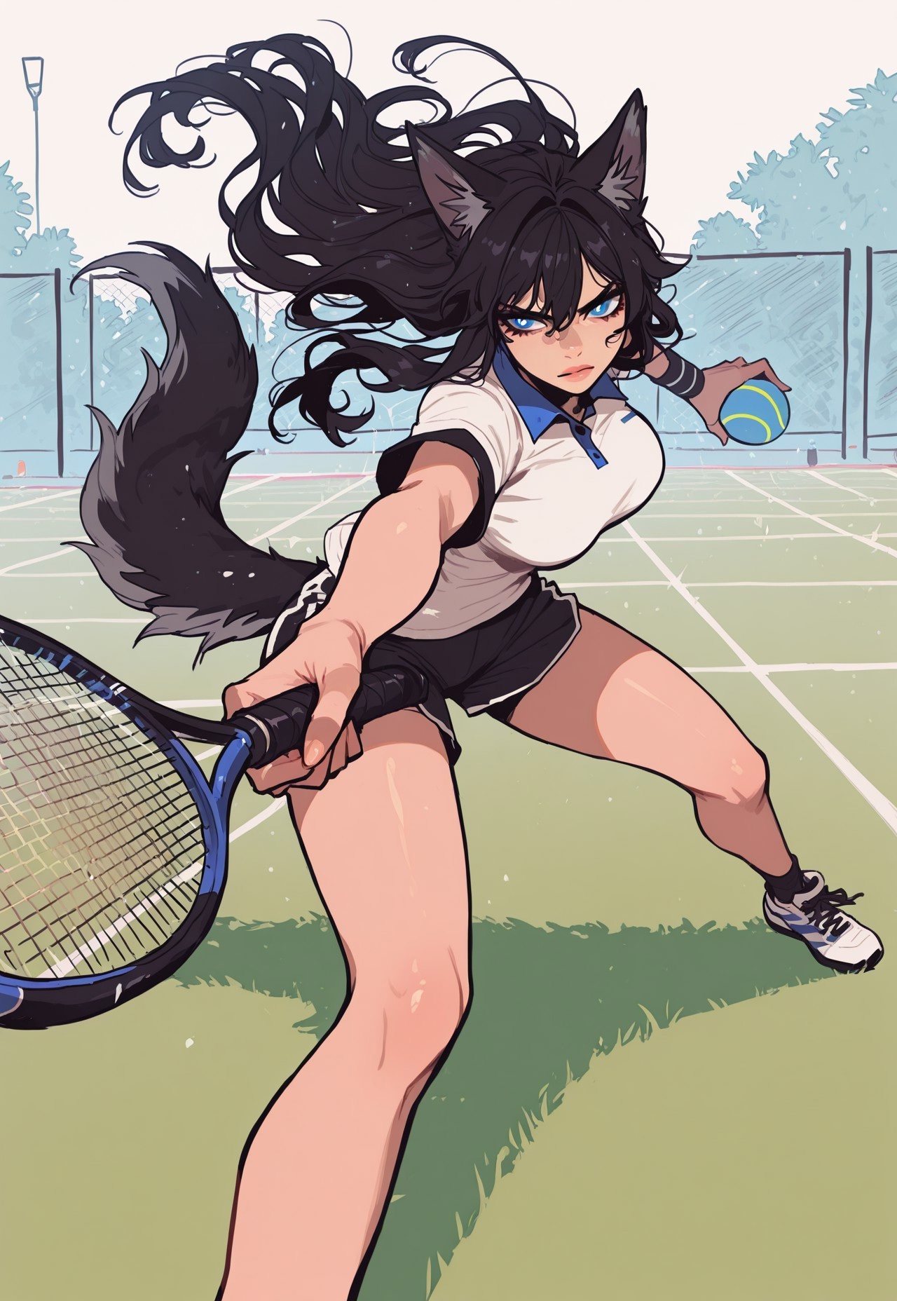score_9, score_8_up, score_7_up, masterpiece, best quality, very aesthetic, incoth, (incase:0.6), detailed face, (dynamic:1), 1woman, black hair, blue eyes, white pupils, long hair, flowing hair, wolf ears, wolf tail, tennis field, white tshirt,  black dolphyn shorts, mature, (lips:0.4), tennis, playing tennis, tennis racket in hand, holding tennis racket, intricate lighting, dynamic pose, perspective