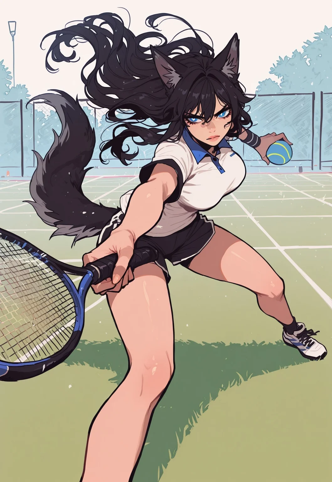 score_9, score_8_up, score_7_up, masterpiece, best quality, very aesthetic, incoth, (incase:0.6), detailed face, (dynamic:1), 1woman, black hair, blue eyes, white pupils, long hair, flowing hair, wolf ears, wolf tail, tennis field, white tshirt, black dolphyn shorts, mature, (lips:0.4), tennis, playing tennis, tennis racket in hand, holding tennis racket, intricate lighting, dynamic pose, perspective