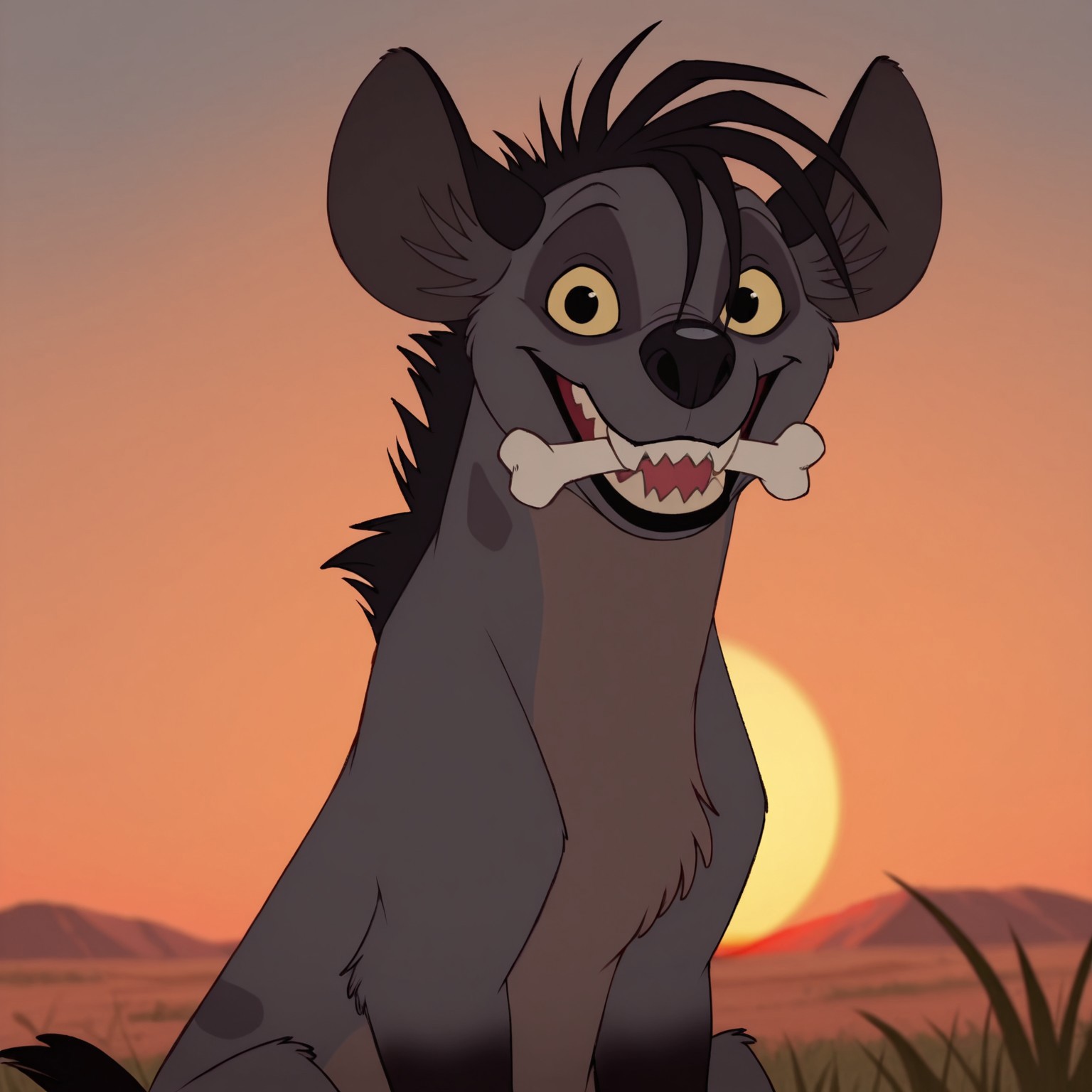 8k, uncensored, masterpiece, best quality, highly detailed, realistic, 1girl, solo, ShenziTLK, furry, feral, hyena ears, black hair, short hair, back mane, dark-grey inner ear fluff, yellow sclera, black eyes, black nose, dark-grey body, dark-grey fur, dark-brown body, dark-brown fur, two tone body, two tone fur, dark-grey spots, short tail, black tail, smile, open mouth, sharp teeth, (looking at viewer, sitting, africa, sunset, grass, front view, detailed background, upper body, wide eyes, (bone in mouth, bone)