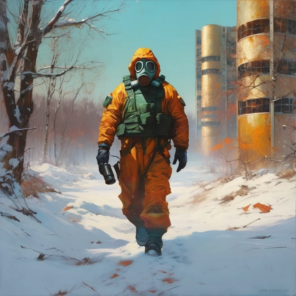 (a Retro Futurism Art style painting of A man in a biohazard suit and a gas mask walks in the snowy Pripyat:1.2) by (josan gonzalez and John Singer Sargent and sergey kolesov and Craig Mullins and hermann corrodi:1.2)