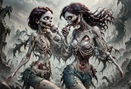 score_9, score_8_up, score_7_up, 8k, clean, clear details, no background, 1 girl, zkeleton, darktattoo, busty, cute, Ariel, ral-zmbyz, casual outfit, being bit by zombie, emerging from body, eat