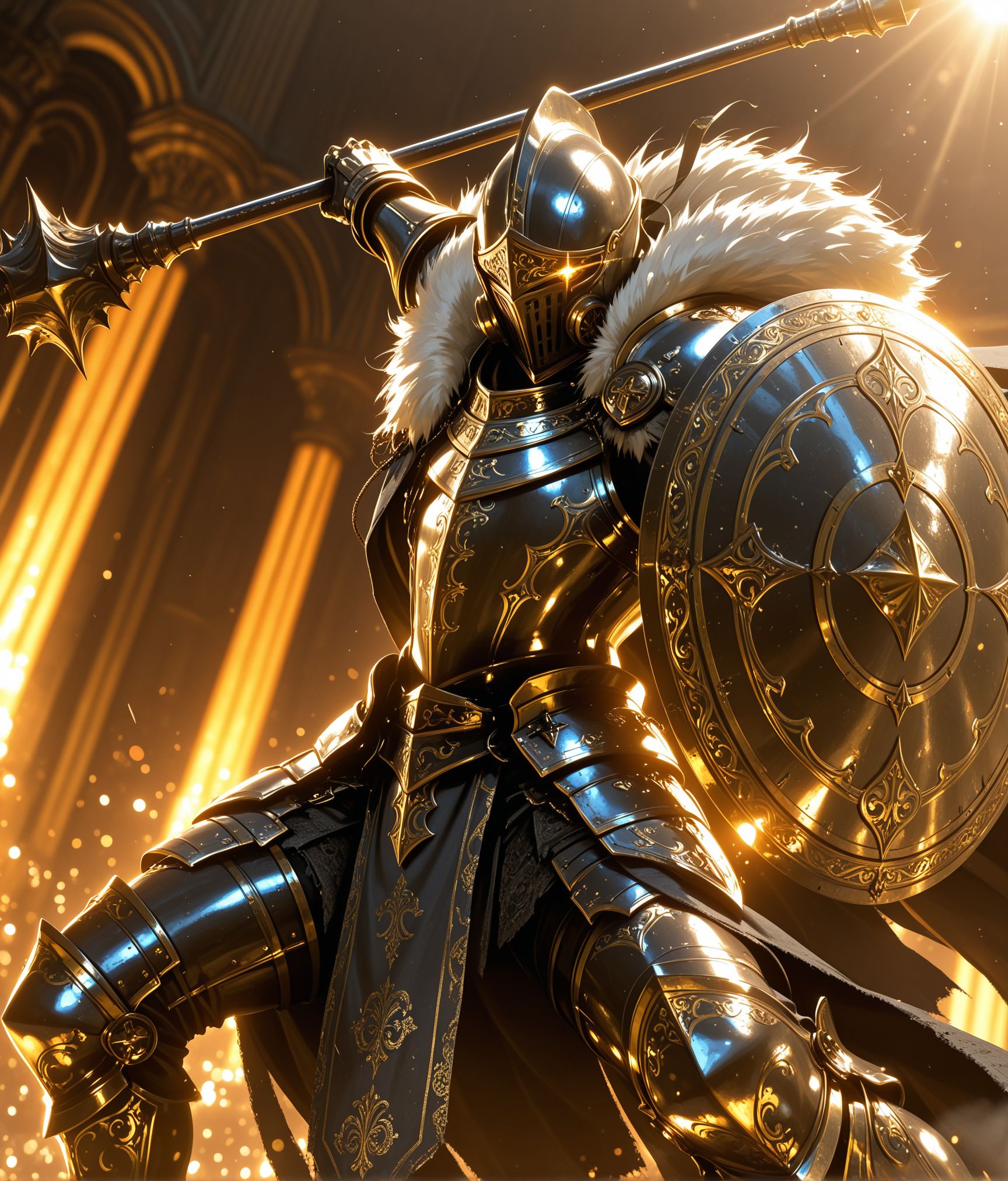 masterpiece, best quality, amazing quality, very aesthetic, high resolution, ultra-detailed, absurdres, newest, volumetric lighting,
engraved, engraved armor, engraving, arm up, dynamic angle, 
gas mask, mace, holding mace, exhaust pipe, metalic, floral print, helmet drape, standing, spiral horn, gold trim, 
1boy,  solo, looking at viewer, glowing eye, glowing, holding, male focus, weapon, holding weapon, cape, armor, gauntlets, light particles, shield, breastplate, fighting stance, armored boots, greaves, knight, full armor, whiskers, holding shield, fur trim, 
blurry background, (bokeh, depth of field,:0.7) volumetric lighting, <lora:engraved v2:1.2>