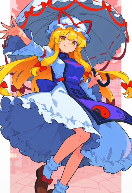 (high_quality, newest, incredibly_absurdres, very aesthetic, zbrush_\(artwork\), 5_fingers, digital_painting_\(artwork\), flat_colors, anime_coloring)
(BCN-Illu, embodiment_of_scarlet_devil touhou touhou_lostword
yakumo_yukari yakumo_yukari_(scarlet) 1girl alternate_color blonde_hair bow breasts brown_shoes building closed_mouth closed_umbrella dress frilled_dress frills full_body gap_(touhou) hair_bow hakurei_shrine hat hat_ribbon holding holding_needle holding_umbrella juliet_sleeves large_breasts long_hair long_sleeves looking_at_viewer mob_cap needle parasol puffy_sleeves red_bow red_ribbon red_tabard ribbon ribbon-trimmed_dress ribbon_trim shoes sidelocks smile solo stone_lantern tabard throwing_needles transparent_background trigram umbrella white_dress white_hat wide_sleeves yellow_eyes yin_yang yin_yang_print )