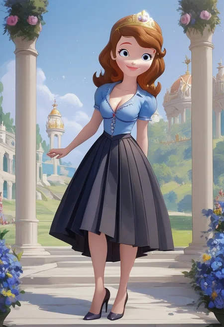 princess Sofia,brown hair,blue eyes,score_up_8, score_up_9, 1girl, solo, medium breasts, 18 years old, sky blue shirt,black skirt, miniskirt, pleated skirt, cleavage, provocative, seducatuve smile, high heels, high quality, 8k,best quality, HD, masterpiece, at royal garden