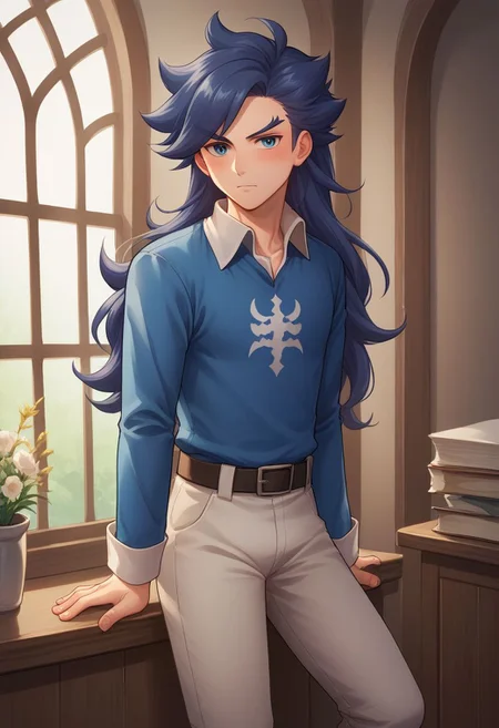 score_9, score_8_up, source_anime, highly detailed, 1boy, solo, male_focus
janne, 
1boy, long hair, blush, male focus,  long hair, blue hair, spikder hair, shirt, blue eyes, blue shirt, collared shirt, pants, boots,
indoor, medieval, windows,