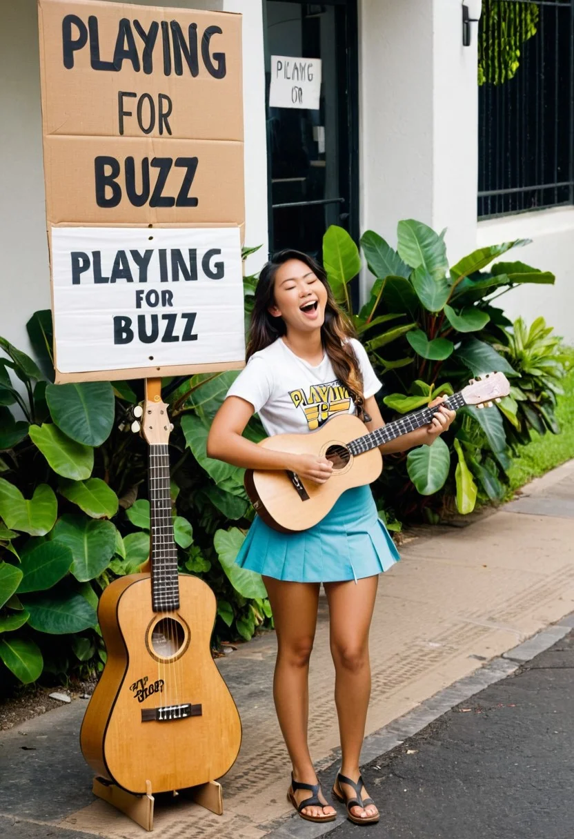 perfect composition, 35mm camera, a beautiful 25yo Hawaiian girl, (cute), (on street singing with eyes closed mouth wide open into a microphone stand), happy, playing Ukulele, mini skirt, T shirt, (guitar case open on ground), (cardboard sign that says "playing for Buzz":2), photograph