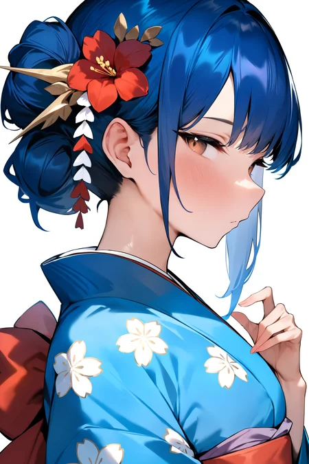 masterpiece, best quality, very aesthetic, absurdres, 1girl, hair ornament, blue hair, japanese clothes, flower, kimono, hair flower, brown eyes, white background, hair bun, looking at viewer, upper body, single hair bun, floral print, simple background, blue kimono, profile, sash, obi, red flower, bow
, <lora:Yuyu_AnimagineXL_dim32:1>