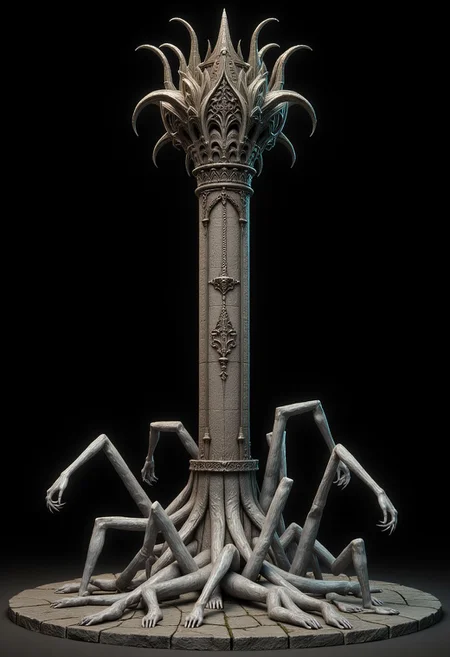 Century Botanical Illustration Style, A Medieval Tower with elderscrolls inspired aestetics and legend of zelda Set against a solid dark black color background to emphasize its unsettling unnatural form that emphasizes its silhouette.
Standing on a flat ground the camera angle is high rotated
Set against a solid dark black color background to emphasize its unnatural form that emphasizes its silhouette. The medium is not a traditional painting or illustrative medium like watercolor or ink but rather a digital 3D rendering.
MikeFranchinastyle, bbstyle,, horror theme,, ZBClay model of a gray sculpture, zbrush, d4arks0uls, overcast lighting, jedioutfit