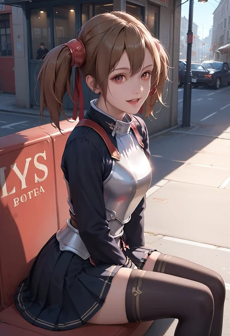 score_9, score_8_up, score_7_up, 1girl, silica, solo, skirt, brown hair, open mouth, red eyes, thighhighs, breastplate, twintails, white background, black skirt, pleated skirt, armor, smile, ribbon, skirt, thighhighs, breastplate, black skirt, pleated skirt, armor,, black thighhighs, rminiskirt, bus stop, public place nighttime vibrant lighting, street lights, high contrast, dramatic shadows, highly detailed, detailed skin, depth of field, tilted angle, moody lighting, exy pose,professional lighting, perfect quality, high quality, photorealistic, sitting, (((supermodel))),((goddess))