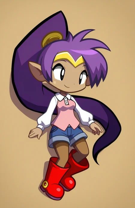 1girl, solo,
shantae, purple hair, very long hair, ponytail, pointy ears, dark-skinned female, pink collared shirt, blue cargo shorts, thumb hole sleeves, long sleeves, brown thighband pantyhose, red rubber boots,
lying, relaxed and open, soft eyes, smile, tender sentiment, <lora:ShantaeChibi:1> shntchibi, chibi, extremely detailed, highres, masterpiece, best quality