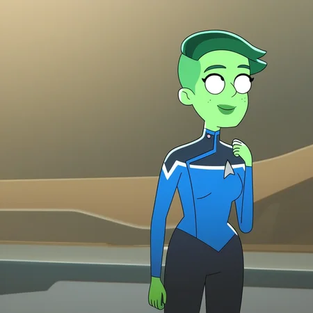Tendi, 1girl, green skin, short hair, in a starship, smiling