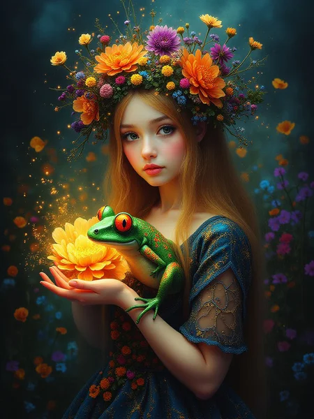 velvet_myst Czech fairy holding a magic frog, yellow sparks <lora:Midjourney_Whisper_Chromaplex_Velvet_Myst_v01:0.75>