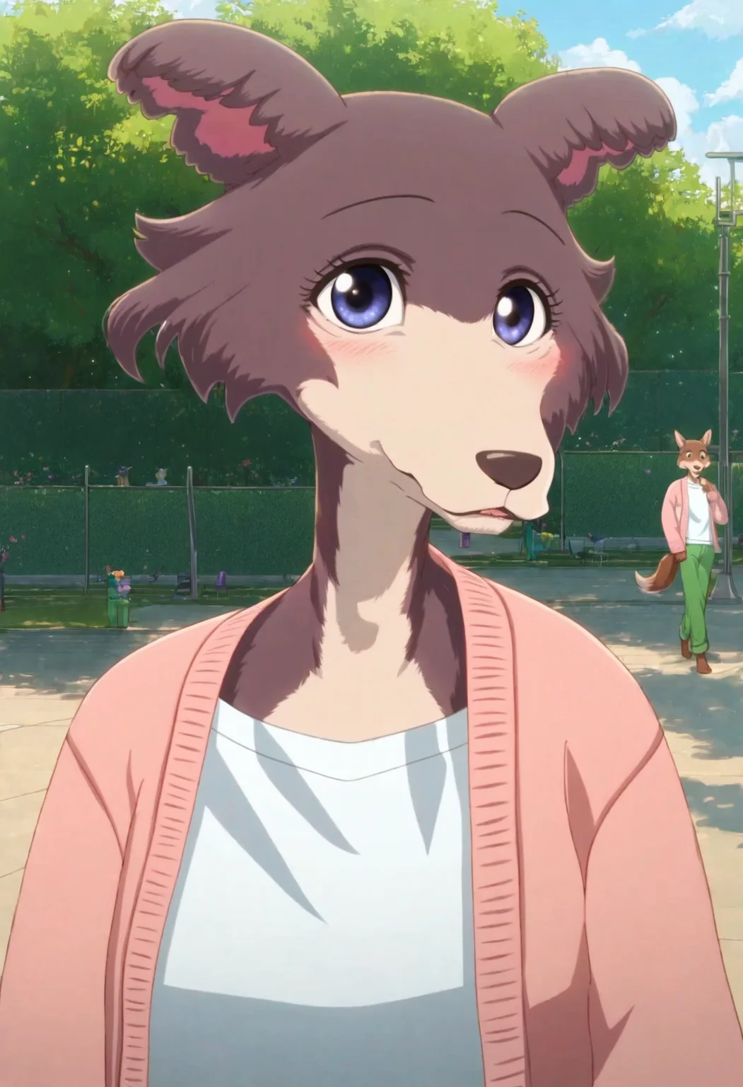 score_9, score_8_up, score_8, score_7_up, score_7, score_6, sidelighting, volumetric lighting, ray tracing, detailed lighting, subsurface scattering, (masterpiece, best quality), very aesthetic, source_furry, solo, cute, blush, cute pose, juno, wolf girl, brown-purple fur, blue eyes, wolf tail, pink cardigan, white t-shirt, green pants, <lora:JunoUpdated:1>, outdoors, (upper body, face focus, close, looking at viewer, walks to viewer, walking in the park:1.2), park background, flowers, ultra-detailed, absurdres, depth of field, blurry background, cute smile, 1girl, (girly:1.2), (fullfigured ,voluptuous:1.4), medium breasts, round breasts, perky breasts, detailed fur, Expressiveh, <lora:Expressive_H:0.8>, <lora:Detail_Slider_v1.4_iteration_3:4>
