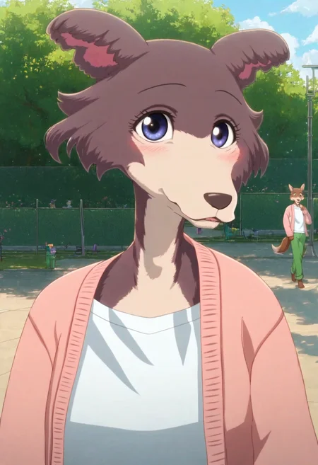score_9, score_8_up, score_8, score_7_up, score_7, score_6, sidelighting, volumetric lighting, ray tracing, detailed lighting, subsurface scattering, (masterpiece, best quality), very aesthetic, source_furry,  solo, cute, blush, cute  pose, juno, wolf girl, brown-purple fur, blue eyes, wolf tail, pink cardigan, white t-shirt, green pants, <lora:JunoUpdated:1>, outdoors,  (upper body, face focus, close, looking at viewer, walks to viewer,  walking in the park:1.2), park background, flowers, ultra-detailed, absurdres, depth of field, blurry background, cute smile, 1girl, (girly:1.2), (fullfigured ,voluptuous:1.4),  medium breasts, round breasts,  perky breasts,  detailed fur,  Expressiveh, <lora:Expressive_H:0.8>, <lora:Detail_Slider_v1.4_iteration_3:4>