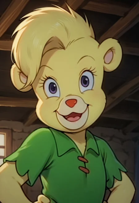 score_9, score_8_up, score_7_up, source_anime, highly detailed, Sunni Gummi, Sunni, solo, open mouth, smile, looking at viewer, shirt, 1girl, upper body, short sleeves, female focus, indoors, furry, green shirt, furry female, body fur, hands on hips,
