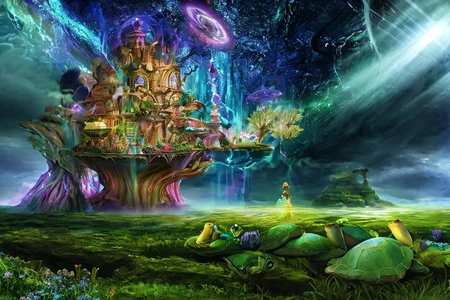 Amazing fantasy artwork, a psychedelic plane of existence, waterfall landscapes, mist, refractions, reflective water surface, oil slick, sun rays, bizarre plants, a turtle and a frog, trippy, visually arresting and stunning, hyper realistic, shrooms, imaginative, magical and mysterious feeling, captivating, strange and beautiful, magical, dream-like world, spirit quest for Alice in Wonderland character, Gaia's psychedelic fever dream, astonishing thunder clouds in the sky, beautiful 20yo Alice with blonde hair, she's in a night gown, she looks out onto the vista, amazing view, rain swept meadow, lightning, cricket, highest quality, epic lighting, extreme detail, masterpiece, winner, fantastical, fandist