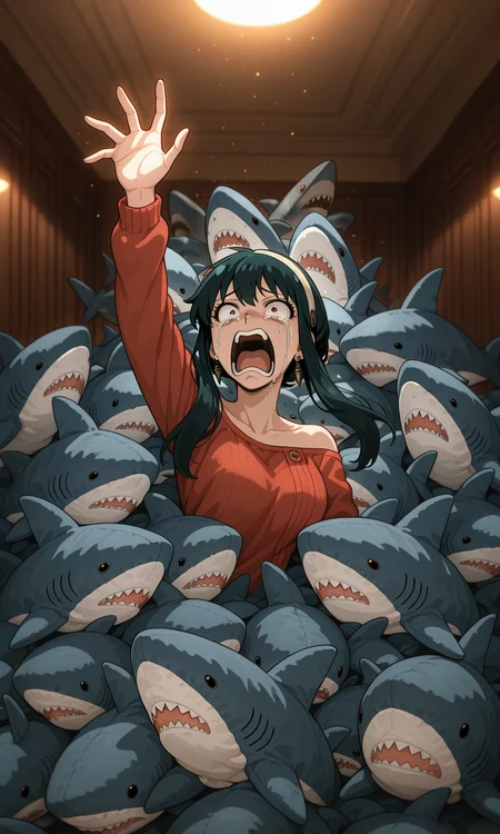 embedding:IllusP0s, scared, reaching, stuffed shark, 1girl, screaming, crying, dramatic, contrast lighting, yor_briar_\(spy x family\)<lora:blahaj swarm_Illustrious.safetensors:1.0:1.0>