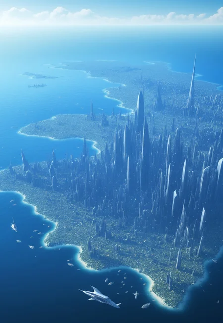 Roger Dean-inspired creative scene of an extraterrestrial civilization. At the center of the image stands a magnificent and awe-inspiring alien city rising from an endless expanse of interstellar ocean, seemingly transcending Earth's architectural artistry.
The city is composed of transparent crystal and metals that shimmer with various colors of light. They intertwine and cross, forming a complex and intricate network structure. The appearance of the city presents a unique style where fluidity and static beauty coexist, resembling a living piece of art, with each wall continuously changing its shape and color, displaying endless vitality.
A part of the city floats in mid-air, supported by delicate energy fibers that sway gently with the wind, emitting soft and pleasing sounds. From here, one can clearly see that the interior of the city is filled with lush botanical gardens and crystal-clear bodies of water, perfectly integrated into their surrounding environment, adding a touch of vitality to this alien civilization's home.
 (8k uhd:1,4)
(((full-clothed))),
 <lora:add-detail-xl:1>
 <lora:Dynamic Poses:1>