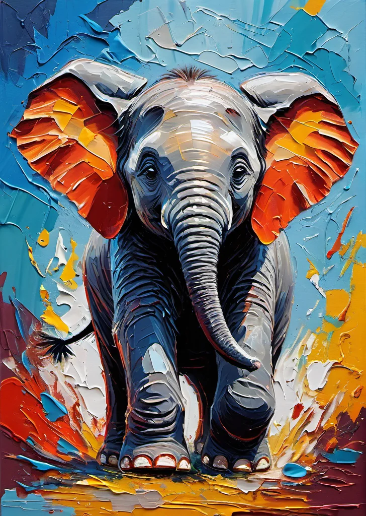 (Thick impasto painting:1.4), funny baby elephant, energetic brushwork, bold colors, abstract forms, expressive, emotional, thick impasto painting,highly detailed, sharp focus, ultra sharpness