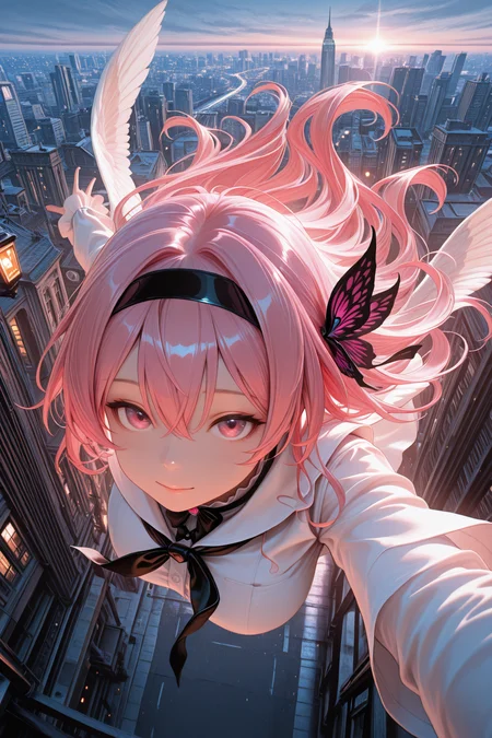 embedding:lazypos, 1girl, pink hair, looking at viewer, large breasts, white shirt, black bowtie, cityscape, flying <lora:TrendCraft_The_Peoples_Style_Detailer-v1.0A-3_13_2025-illustrious:0.4>