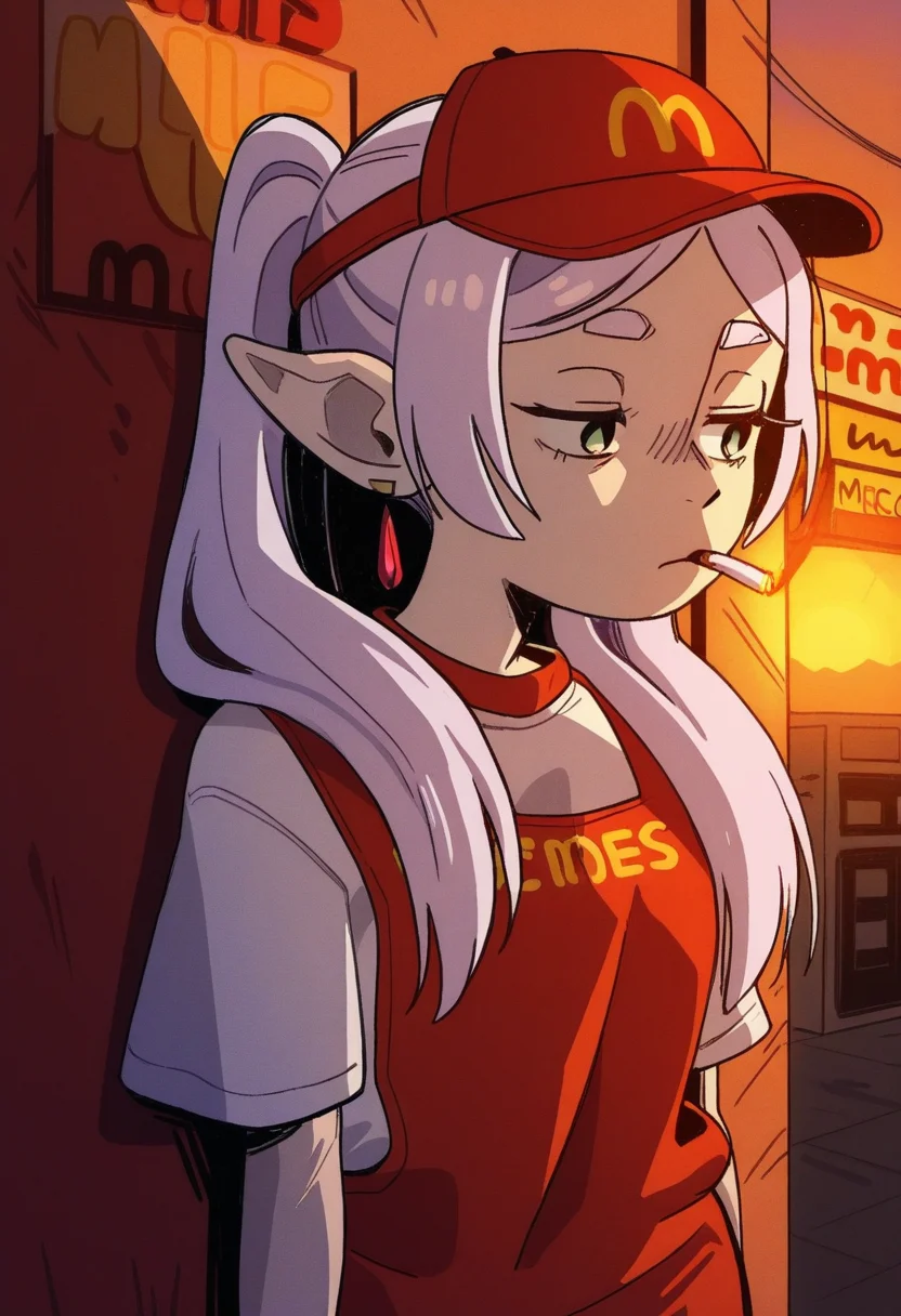 blorstyle,   masterpiece,  best quality, solo, frieren, sousou no frieren, twintails, green eyes, mcdonalds attire cap, cigarette in mouth, depressed, eyes half closed, against a wall, sunset sky, outside,  mcdonalds background,