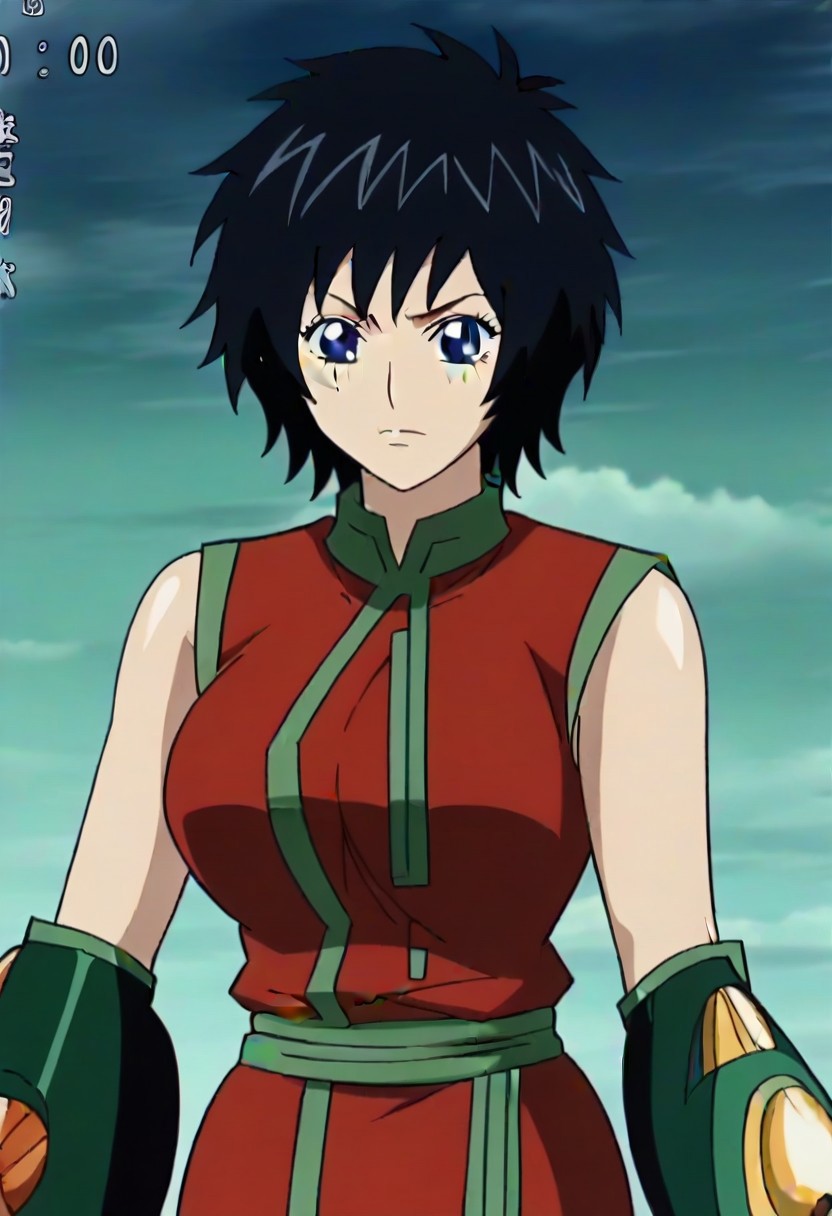 short black hair, blue eye, Scar on right cheek, red sleeveless outfit with green trim,, ,,,,,anime coloring, anime screencap , 1girl,Solo ,, anime,,PUFFY nipple,huge breasts,,, official art,,Uncensored ,Unedited ,,,, ,, ,, , ,,, ,, , ,,,