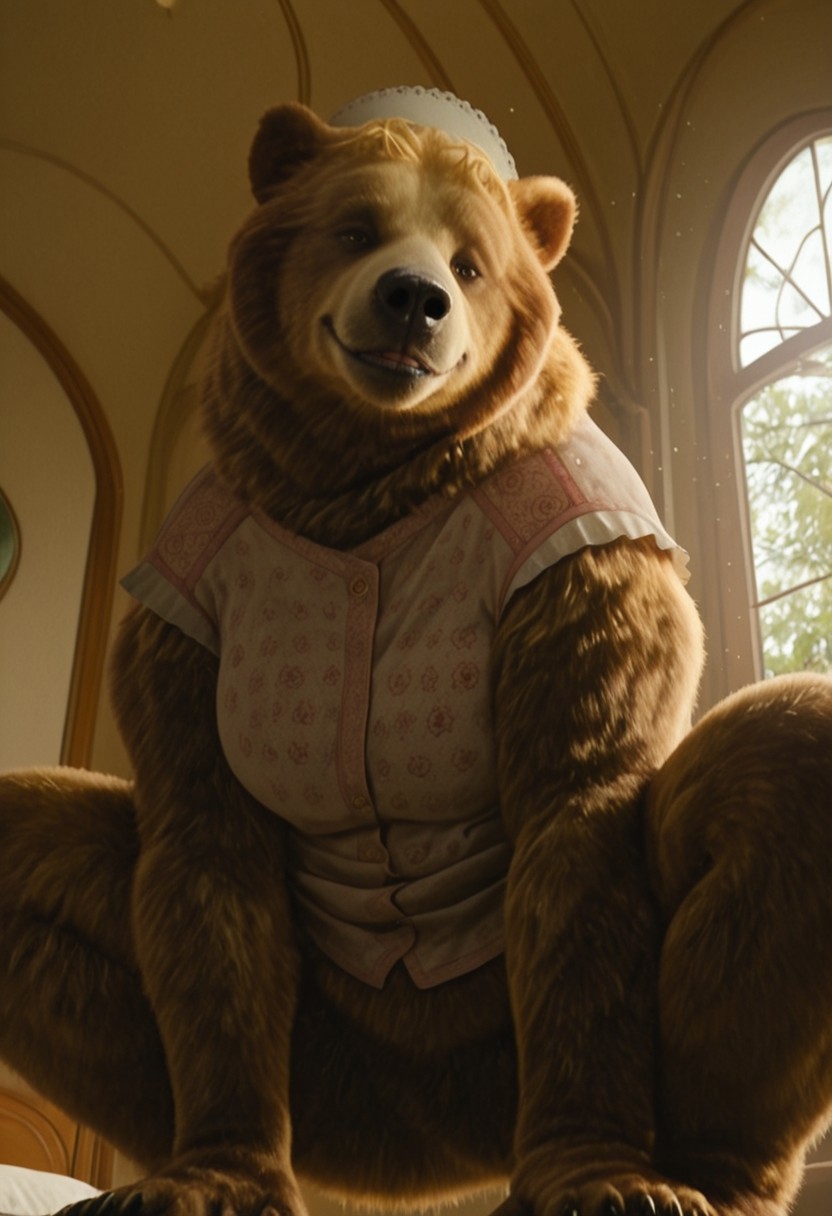 dulcibear_wicked, 1girl, furry, female brown bear, brown and golden fur (light golden fur on face), bear ears, short golden hair, brown eyes, black nose, golden claws, white maid headwear, pink top (small flowers patterns, short white sleeves), bottomless, plump, bulk, flat chest,
score_9_up, score_8_up, score_7_up, BREAK, 1girl, solo, from below, head tilt, horny, biting lips, smirk, squatting, spreading legs, looking at viewer, ultra detailed, detailed background, masterpiece, best quality, 8k, Expressiveh, realistic, 3d, indoors,