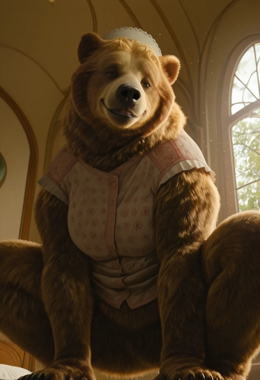 dulcibear_wicked, 1girl, furry, female brown bear, brown and golden fur (light golden fur on face), bear ears, short golden hair, brown eyes, black nose, golden claws, white maid headwear, pink top (small flowers patterns, short white sleeves), bottomless, plump, bulk, flat chest,
score_9_up, score_8_up, score_7_up, BREAK, 1girl, solo, from below, head tilt, horny, biting lips, smirk, squatting, spreading legs, looking at viewer, ultra detailed, detailed background, masterpiece, best quality, 8k, Expressiveh, realistic, 3d, indoors,