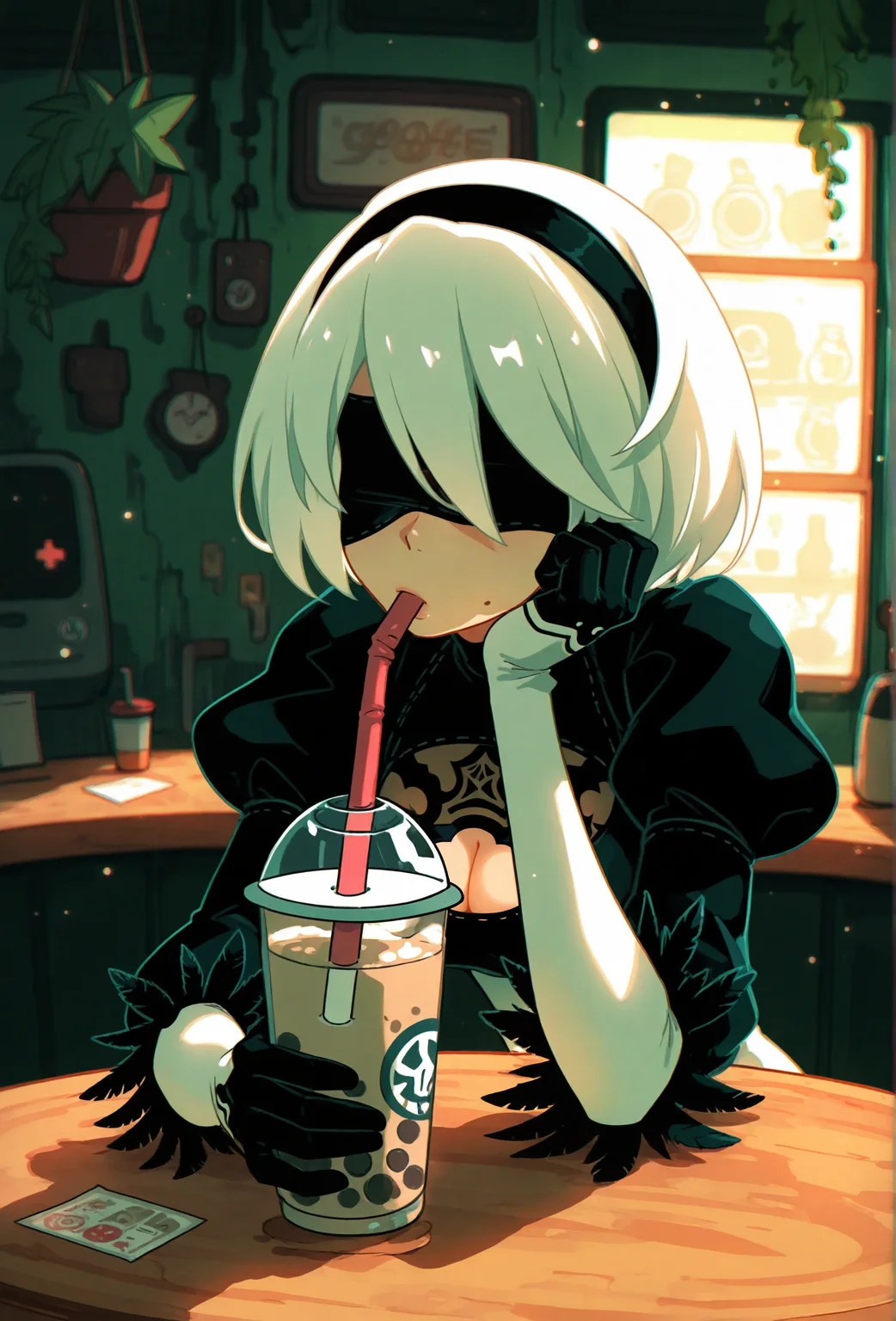 masterpiece,best quality,amazing quality, <lora:groovy_smooth_style_illustrious_v1f:1> groovysmoothstyle, (chromatic aberration:1.1), 1girl, 2b \(nier:automata\), blindfold, solo, head rest, elbow rest, drinking straw, (sucking straw:1.1), BREAK
coffee shop, indoors, bubble tea, black gloves, hanging plant, dark, low lighting, dim lighting, light particles, abandoned, cleavage cutout