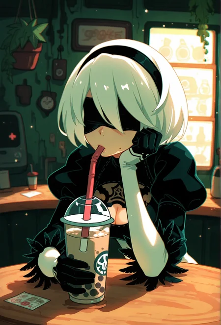 masterpiece,best quality,amazing quality, <lora:groovy_smooth_style_illustrious_v1f:1> groovysmoothstyle, (chromatic aberration:1.1), 1girl, 2b \(nier:automata\), blindfold, solo, head rest, elbow rest, drinking straw, (sucking straw:1.1), BREAK
coffee shop, indoors, bubble tea, black gloves, hanging plant, dark, low lighting, dim lighting, light particles, abandoned, cleavage cutout
